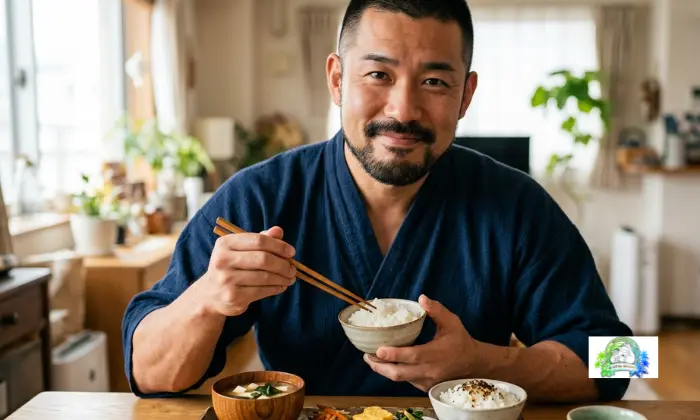 バランスの良い定食をとる40代ゲイ男性 那覇