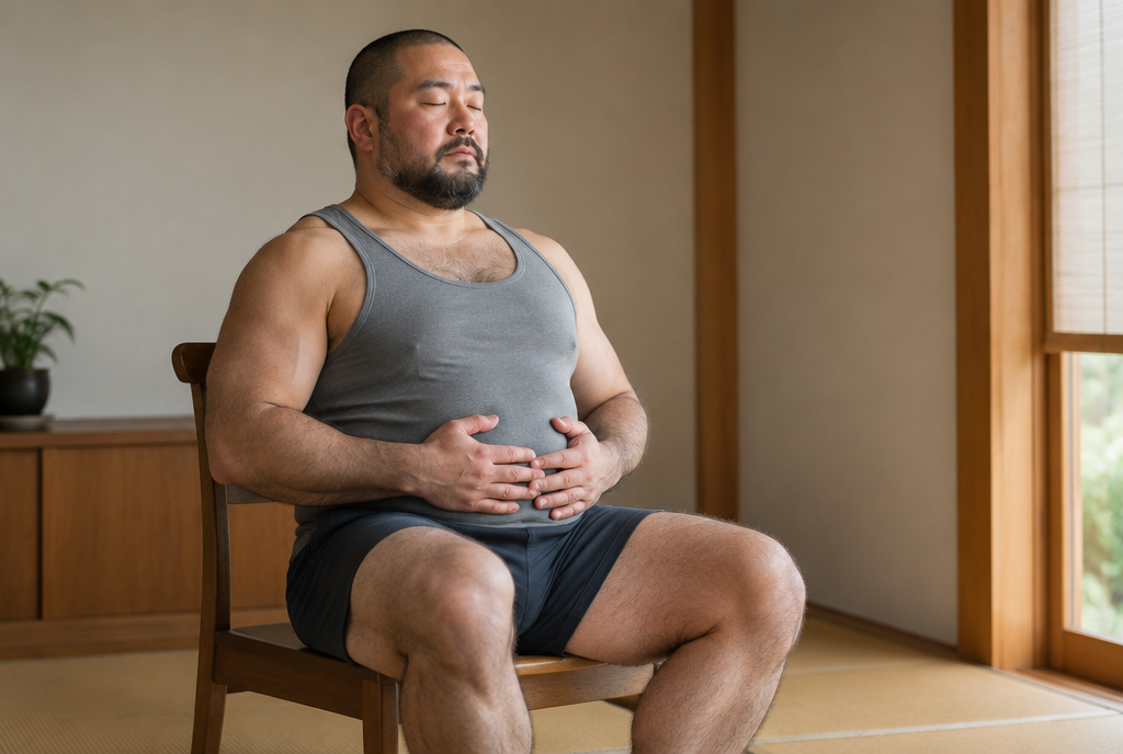 椅子に座って呼吸を整える男性